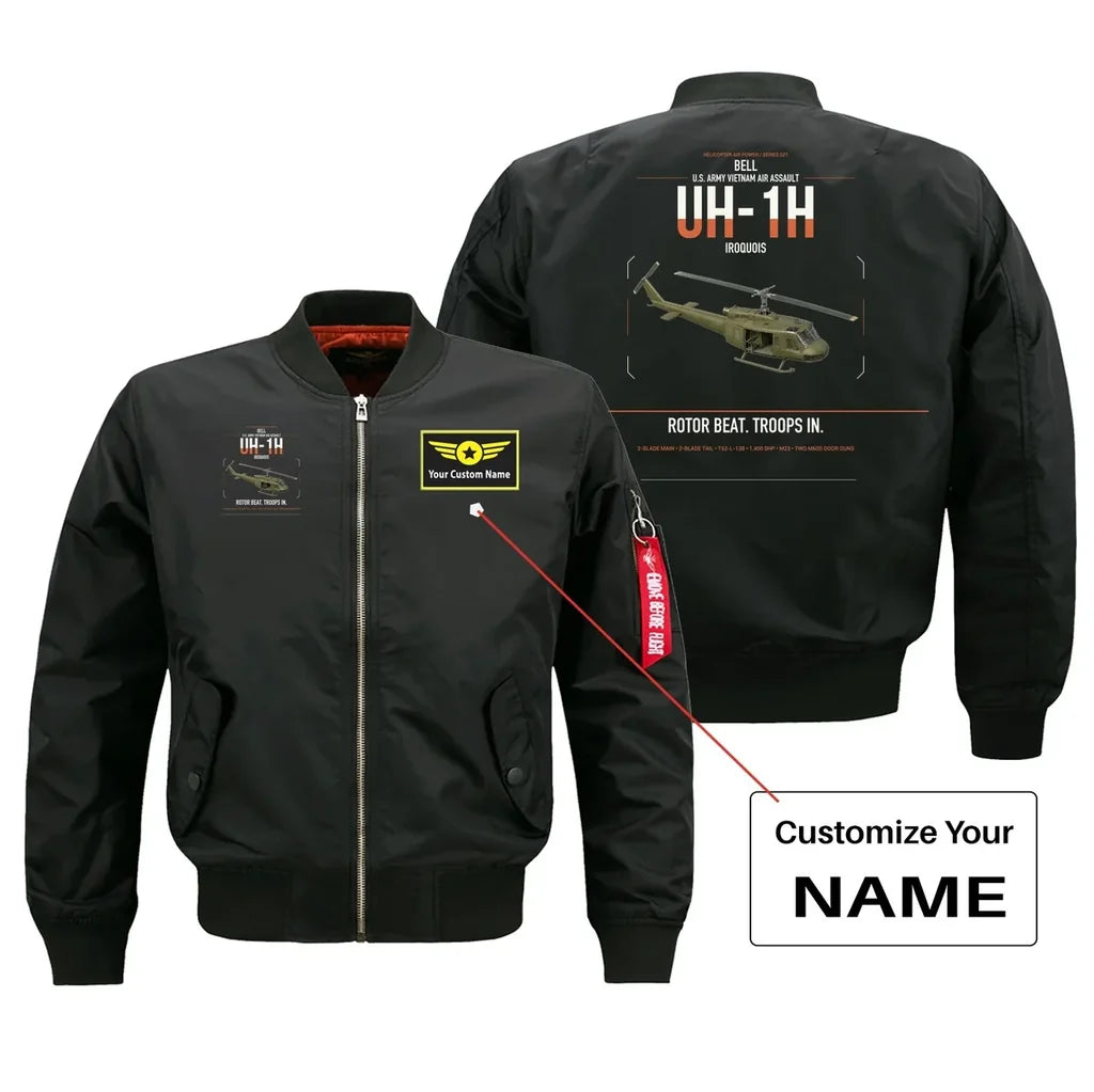 Bell UH-1H Iroquois design on black+name bomber jacket, double-side print