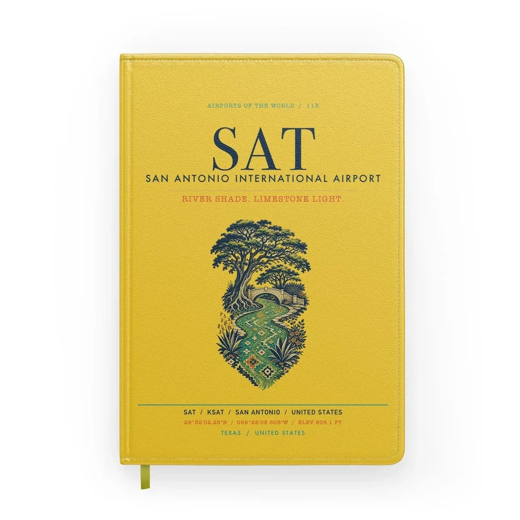 San Antonio International Airport (SAT) design on yellow notebook