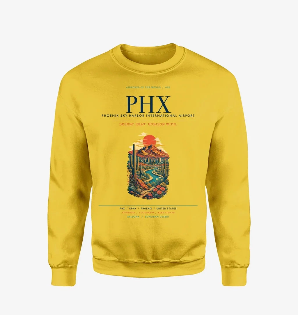 Phoenix Sky Harbor International Airport (PHX) design on yellow sweatshirt