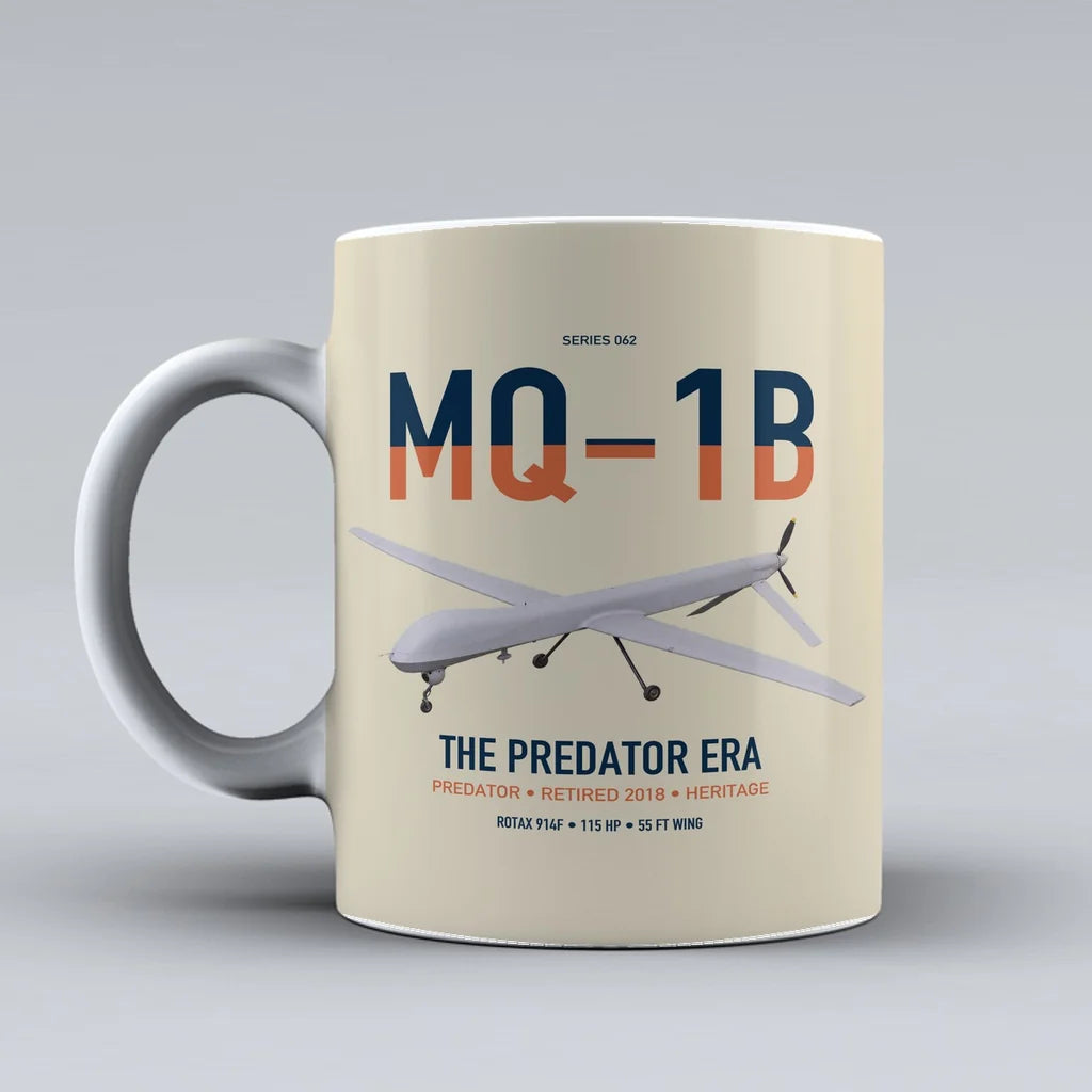 MQ-1B Predator design on beige ceramic mug, double-side print