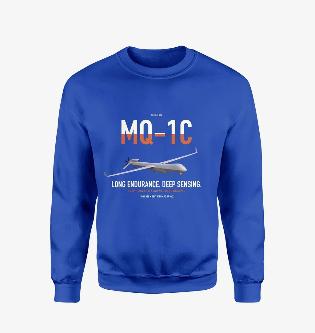 MQ-1C Gray Eagle ER design on blue sweatshirt