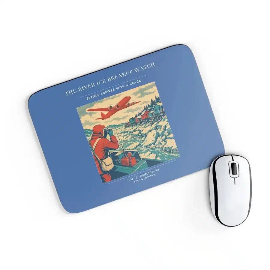 VINTAGE G4491 - The River Ice Breakup Watch - Designed Mouse Pads design on blue rectangle