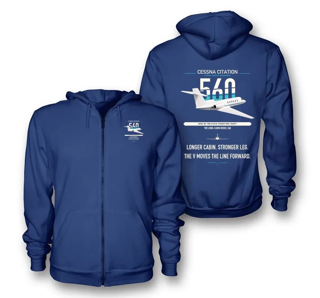 Cessna Citation 560 - Citation V design on blue premium zipped hoodie, double-side print