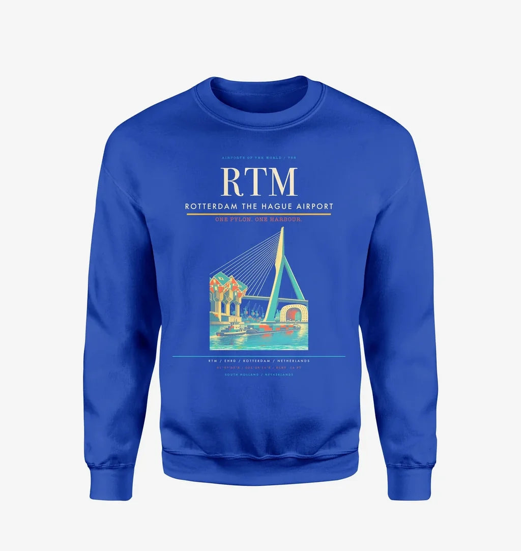 Rotterdam The Hague Airport (RTM) design on blue sweatshirt