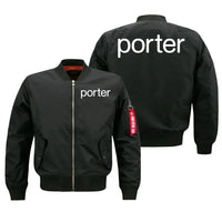 Thumbnail for Porter Airlines aviation design embroidered on black bomber jacket