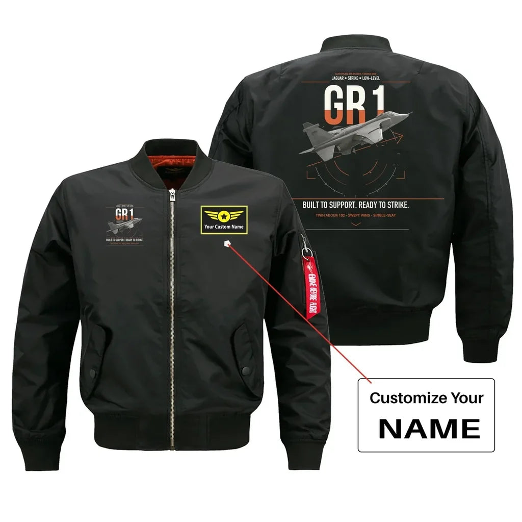 SEPECAT Jaguar GR1 design on black+name bomber jacket, double-side print