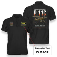 Thumbnail for PZL P.11c design on black+name double-side polo t-shirt, double-side print
