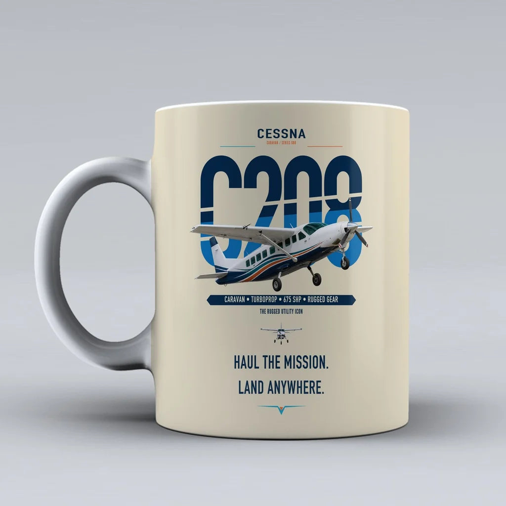 Cessna 208 Caravan design on beige ceramic mug, double-side print
