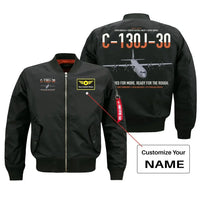 Thumbnail for C-130J-30 Super Hercules design on black+name bomber jacket, double-side print