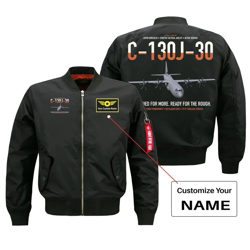 C-130J-30 Super Hercules design on black+name bomber jacket, double-side print