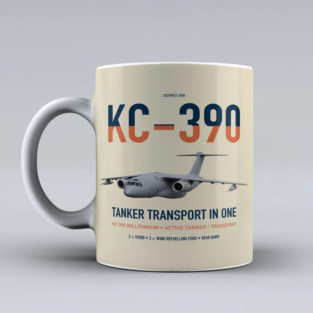 Embraer KC-390 Millennium design on beige ceramic mug, double-side print