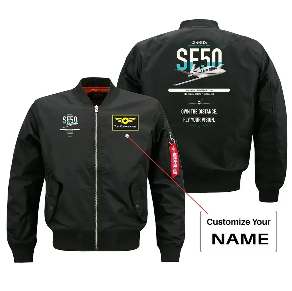 Cirrus Vision Jet G2+ design on black+name bomber jacket, double-side print
