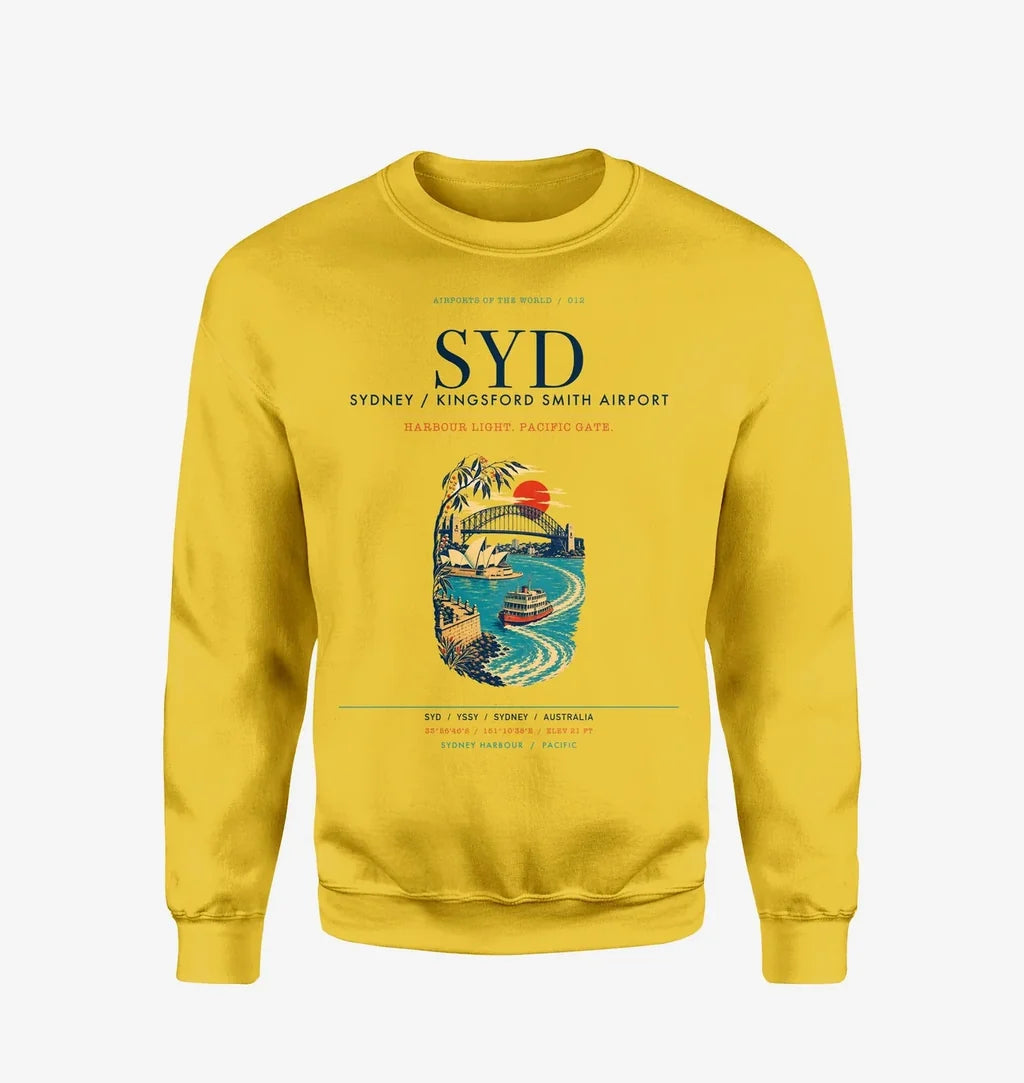 Sydney Kingsford Smith Airport (SYD) design on yellow sweatshirt