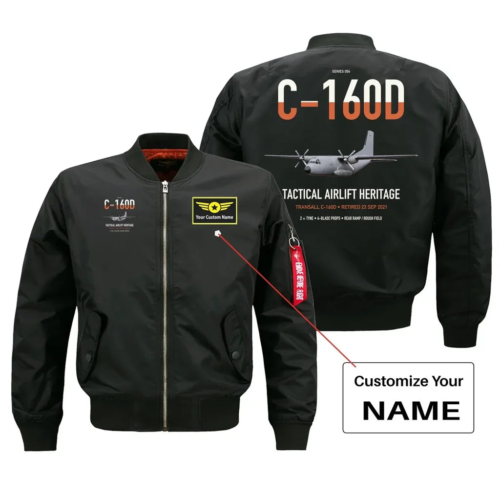 Transall C-160D design on black+name bomber jacket, double-side print