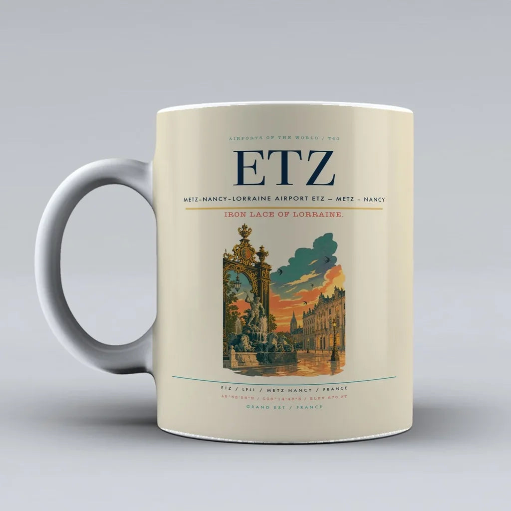 Metz–Nancy–Lorraine Airport (ETZ) airport code design on beige ceramic mug