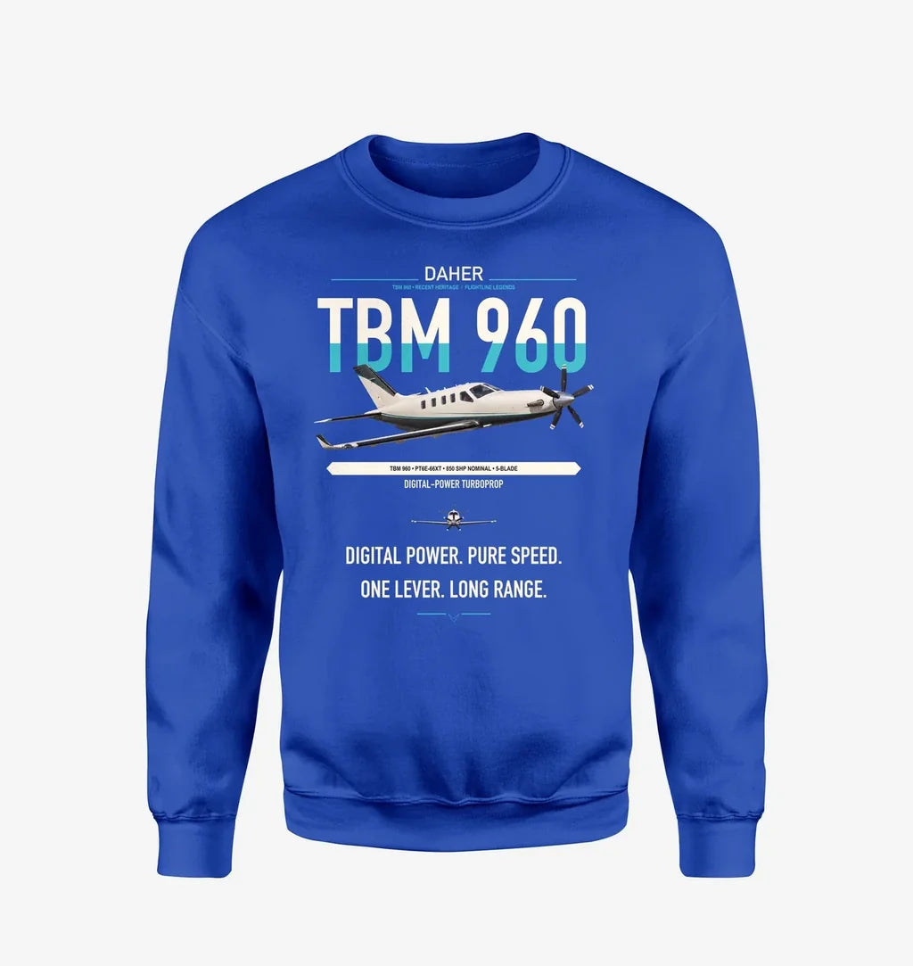 Daher TBM 960 design on blue sweatshirt
