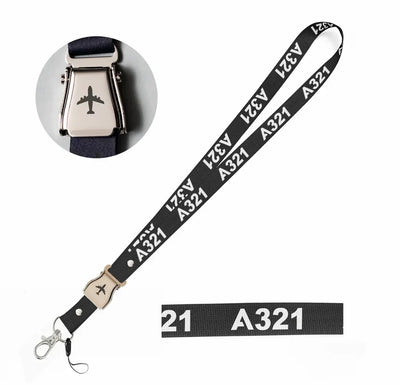Airbus A321 Flat Text seat belt lanyard - black