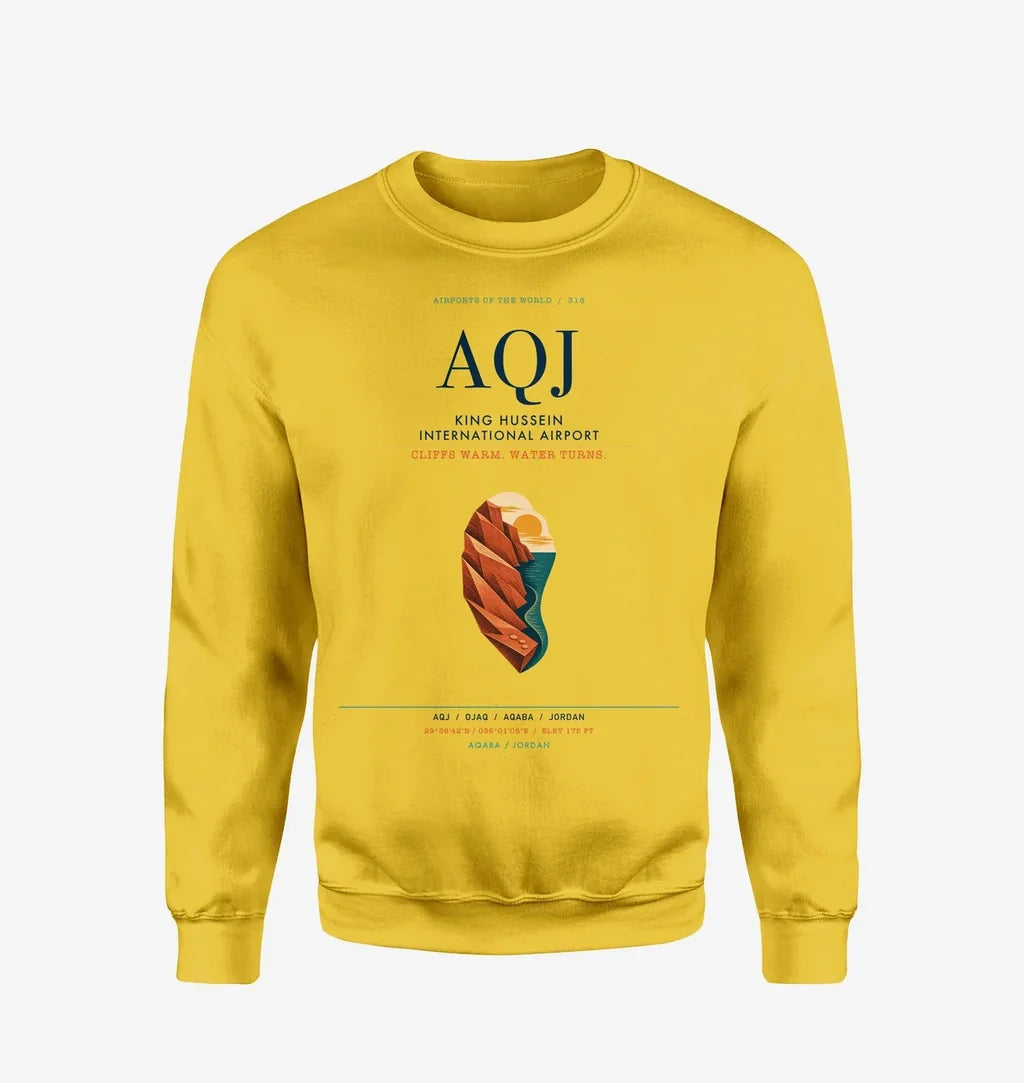 King Hussein International Airport (AQJ) design on yellow sweatshirt