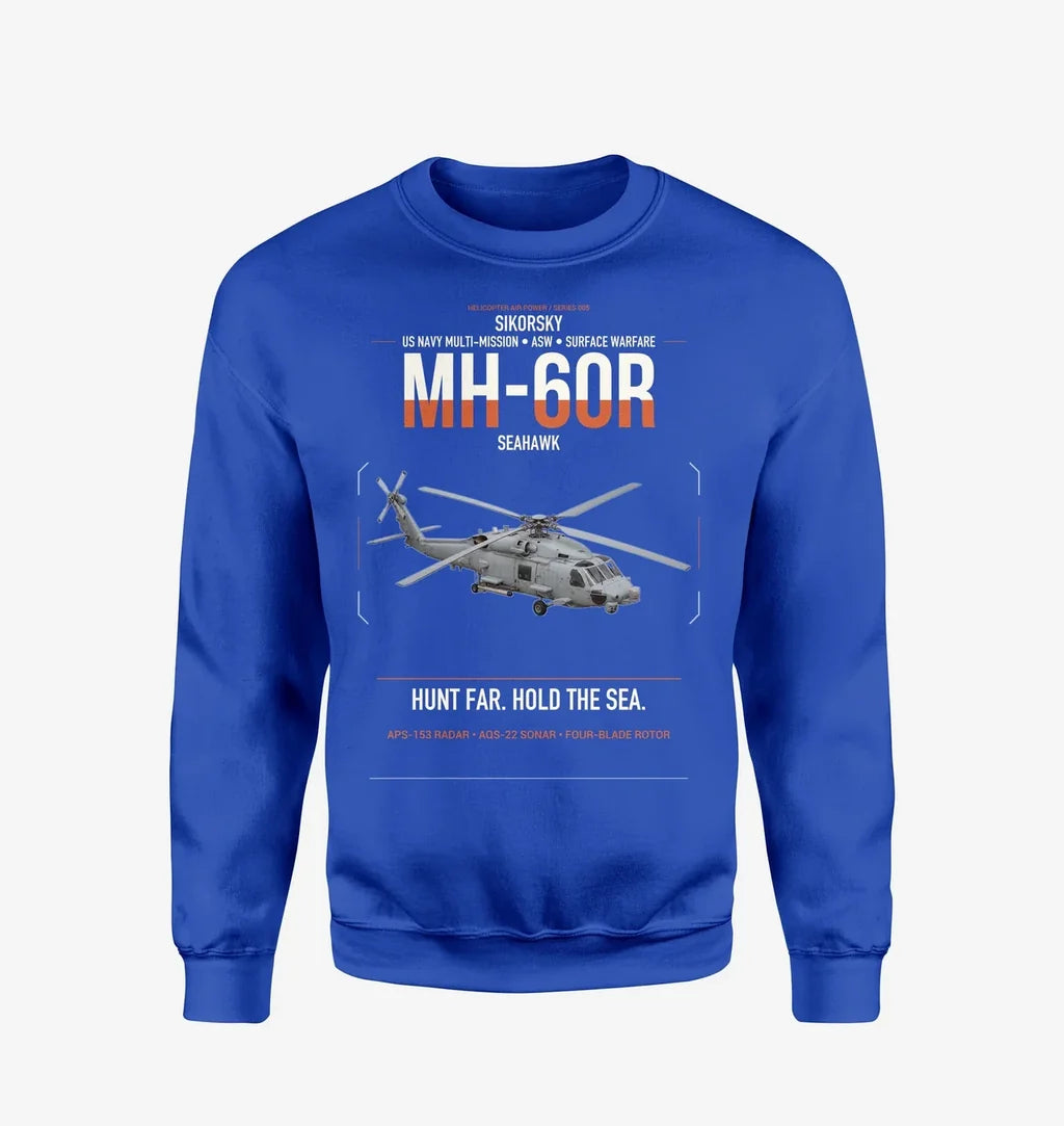 Sikorsky MH-60R Seahawk design on blue sweatshirt