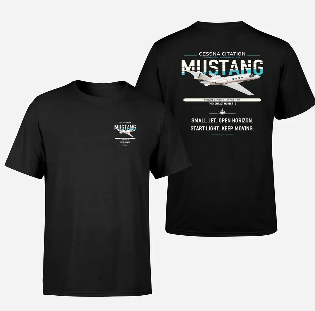 Cessna Citation Mustang design on black double-side t-shirt, double-side print