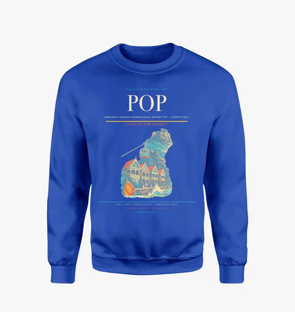 Gregorio Luperón International Airport (POP) design on blue sweatshirt