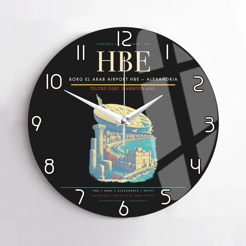Borg El Arab Airport (HBE) design on black no frame wall clock