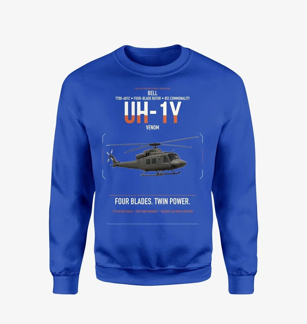 Bell UH-1Y Venom design on blue sweatshirt