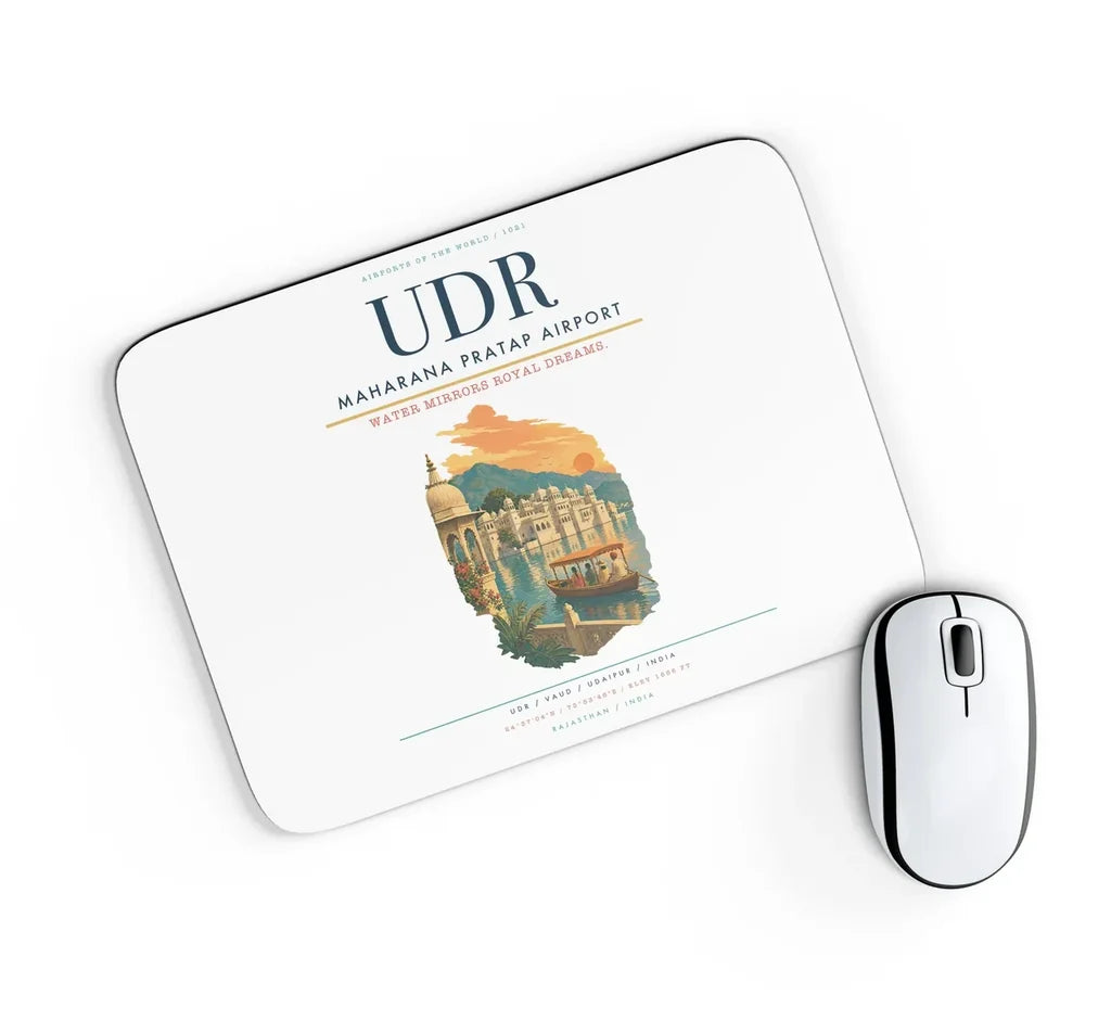 Maharana Pratap Airport (UDR) design on white rectangle mouse pad