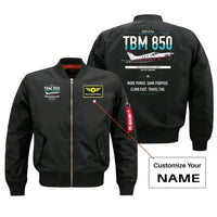 Thumbnail for Socata TBM 850 design on black+name bomber jacket, double-side print