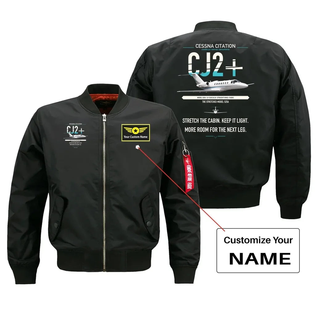 Cessna Citation CJ2+ design on black+name bomber jacket, double-side print