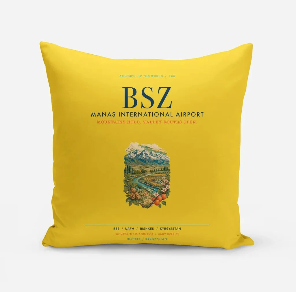 Manas International Airport Bishkek (BSZ) design on yellow pillow