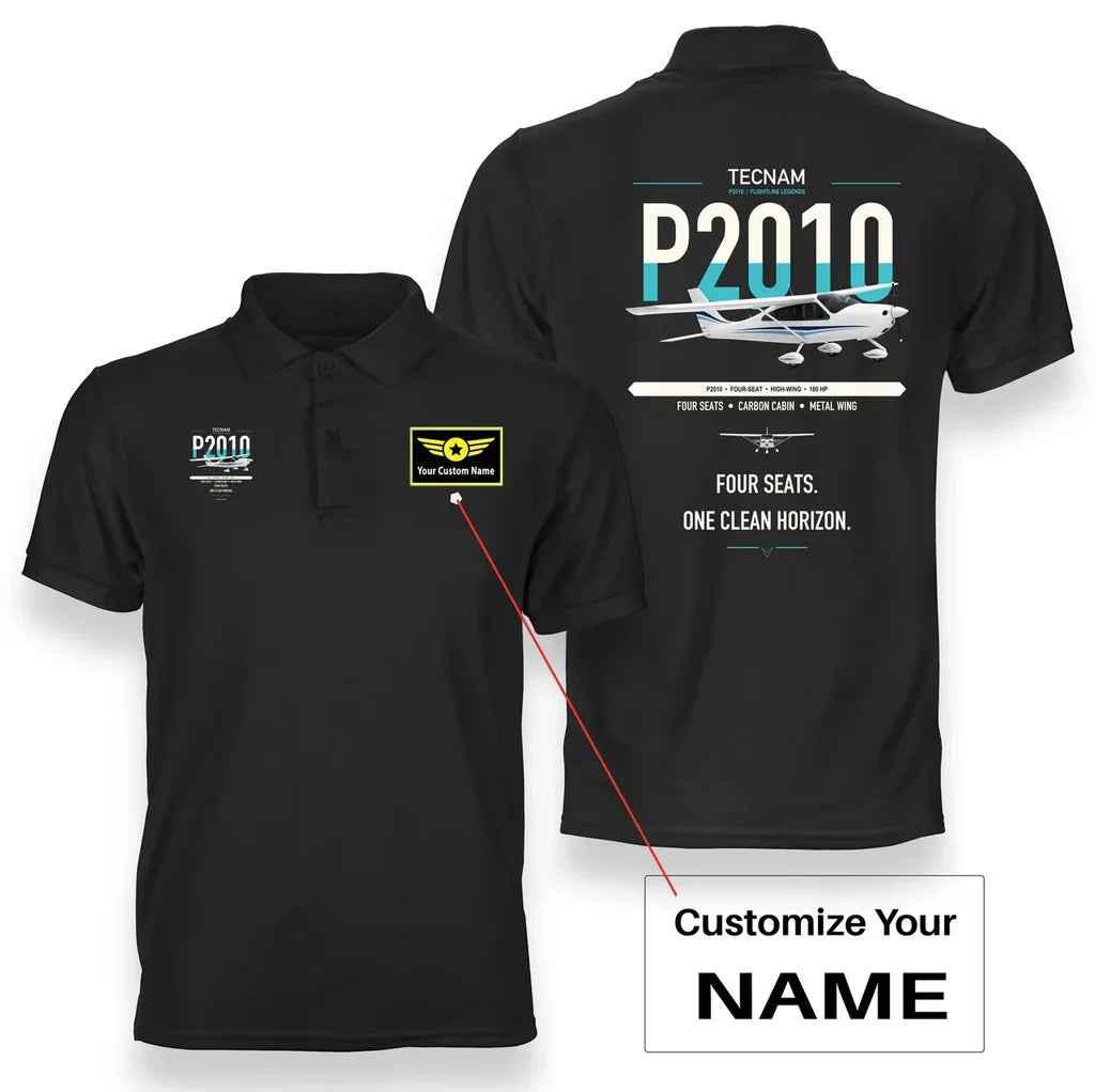 Tecnam P2010 design on black+name double-side polo t-shirt, double-side print