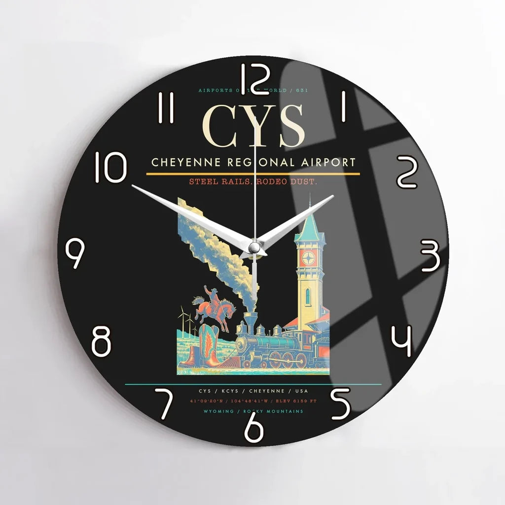 Cheyenne Regional Airport (CYS) design on black no frame wall clock