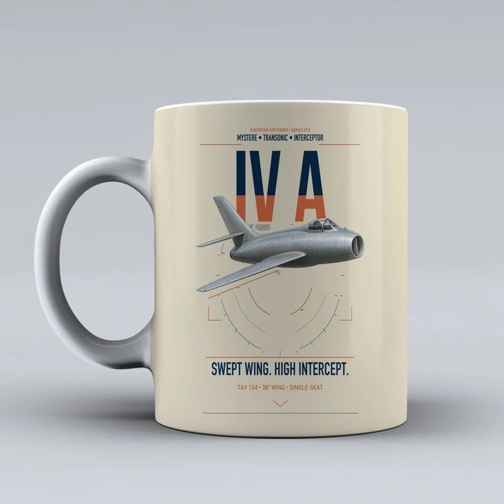 Dassault Mystère IV A design on beige ceramic mug, double-side print