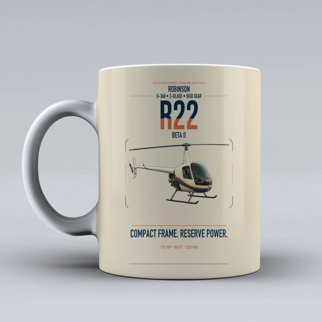Robinson R22 Beta II design on beige ceramic mug, double-side print