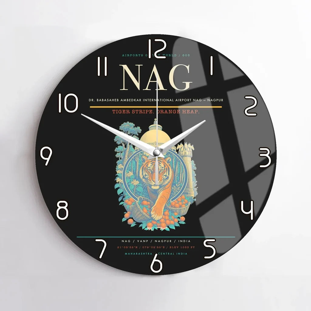 Dr. Babasaheb Ambedkar International Airport (NAG) design on black no frame wall clock