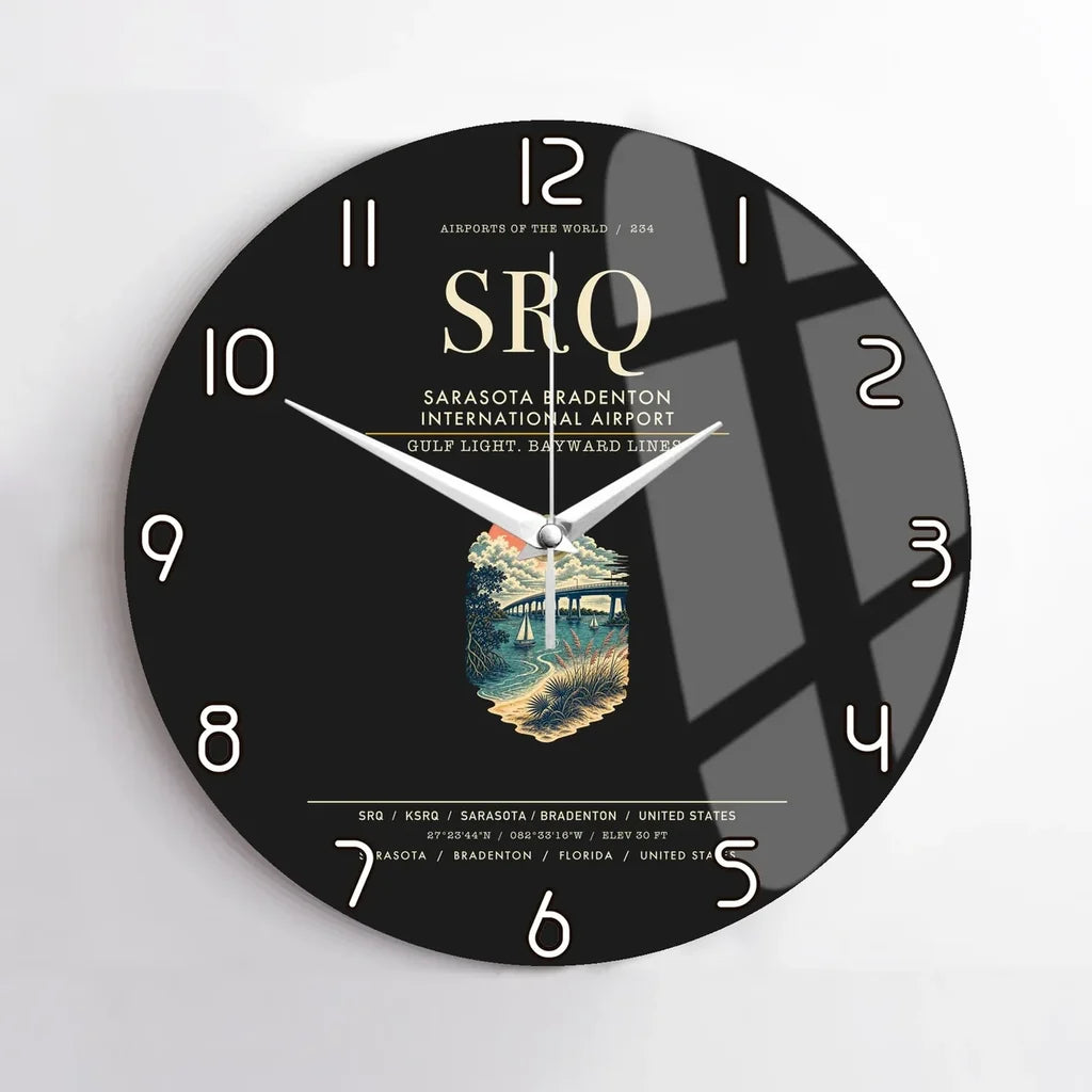 Sarasota Bradenton International Airport (SRQ) design on black no frame wall clock