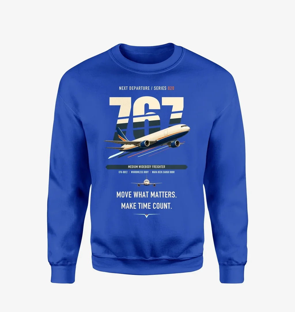 Boeing 767-300F design on blue sweatshirt