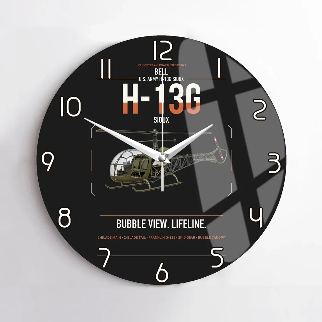 Bell H-13G Sioux design on black no frame wall clock