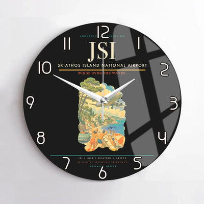 Skiathos Island National Airport (JSI) design on black no frame wall clock