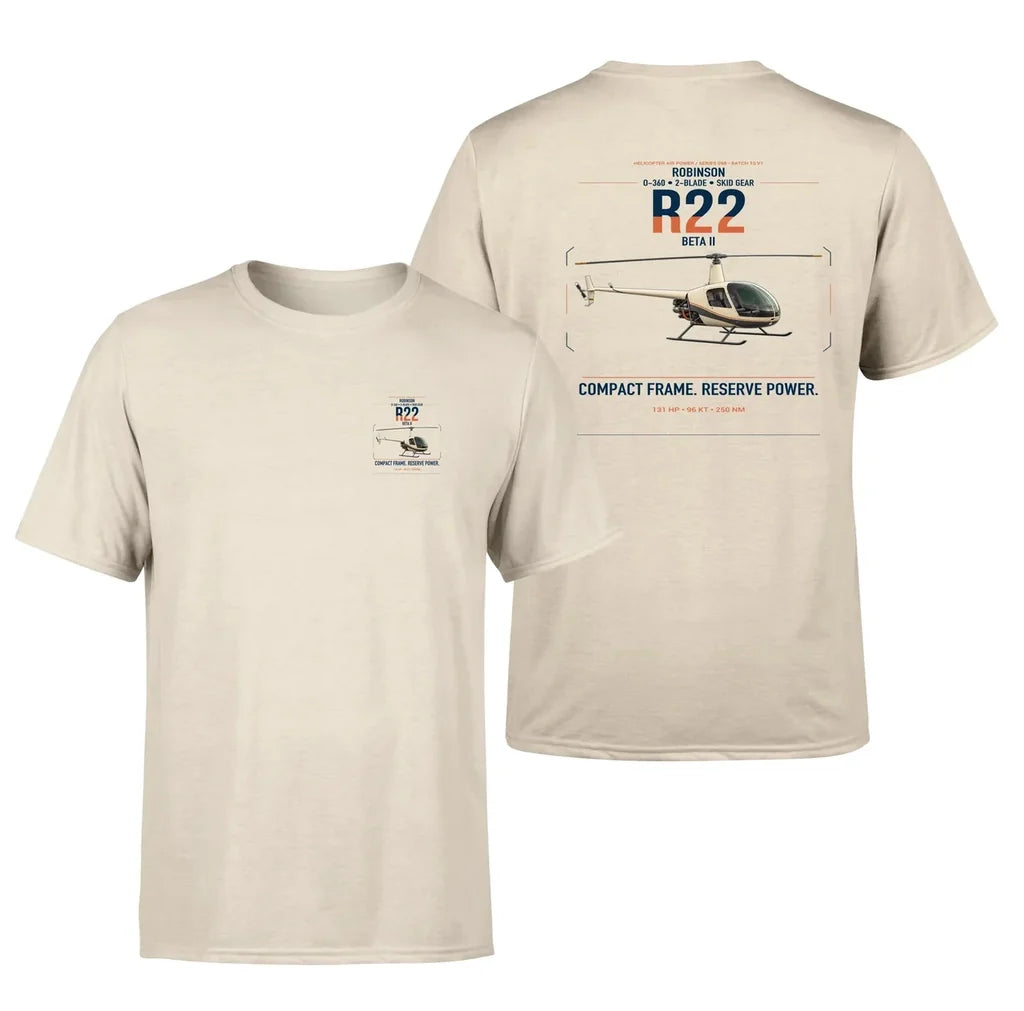 Robinson R22 Beta II design on beige t-shirt, double-side print