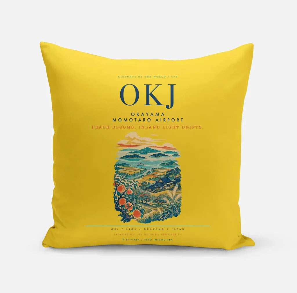 Okayama Momotaro Airport (OKJ) design on yellow pillow