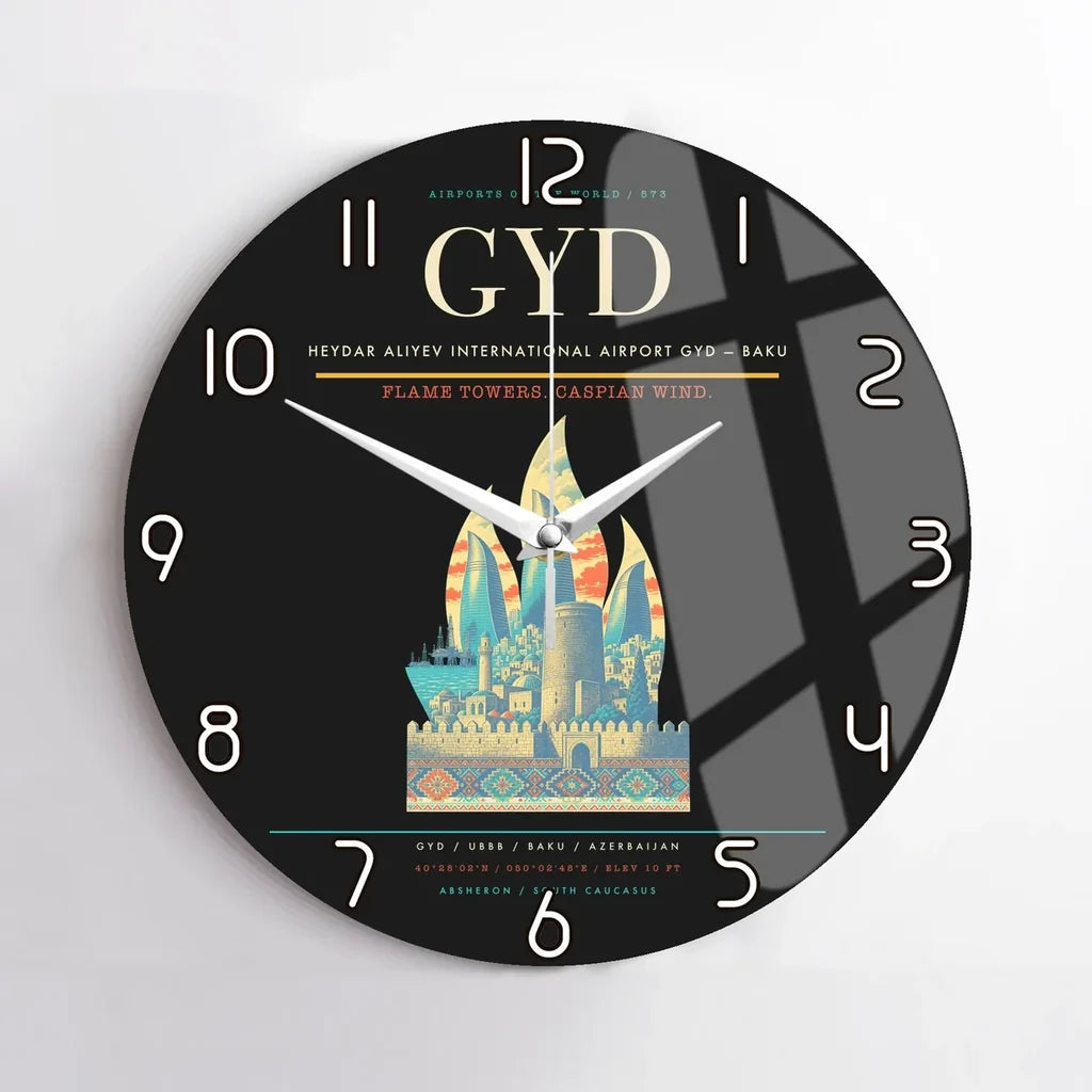 Heydar Aliyev International Airport (GYD) design on black no frame wall clock