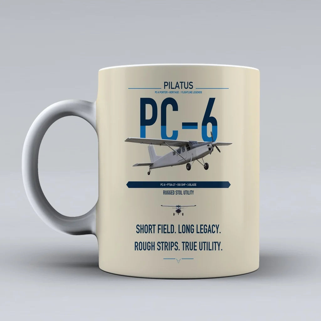 Pilatus PC-6 Porter design on beige ceramic mug, double-side print