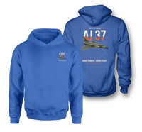 Thumbnail for Saab AJ 37 Viggen design on blue double-side hoodie, double-side print