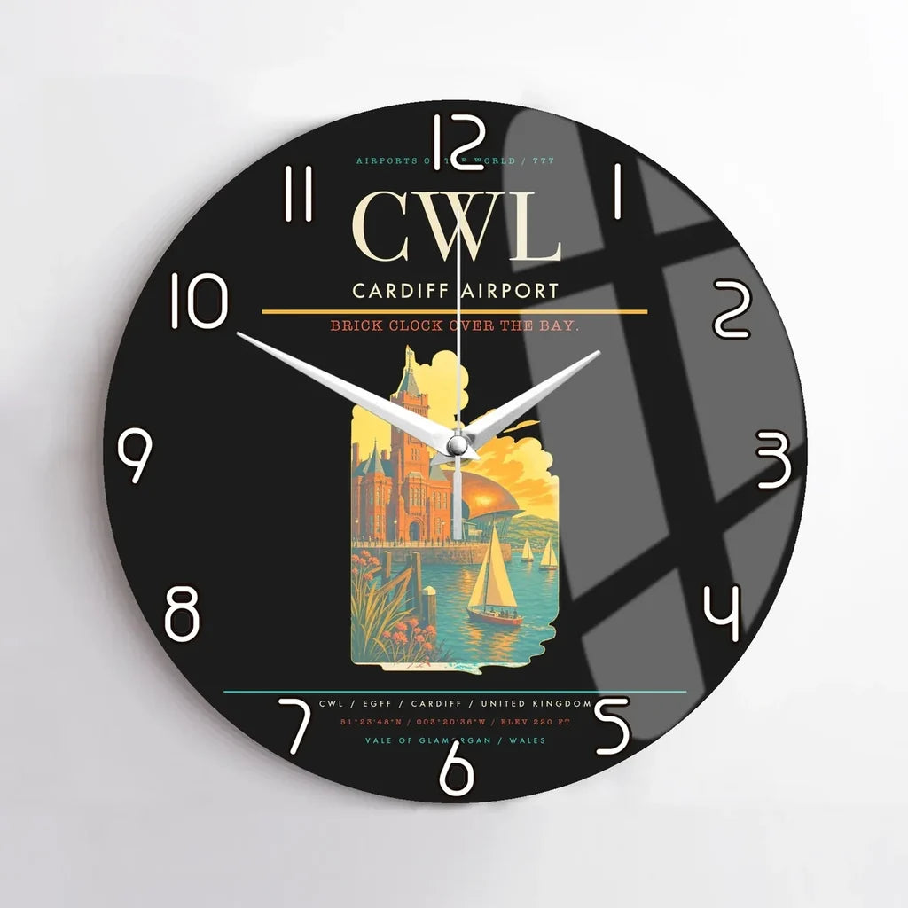 Cardiff Airport (CWL) design on black no frame wall clock