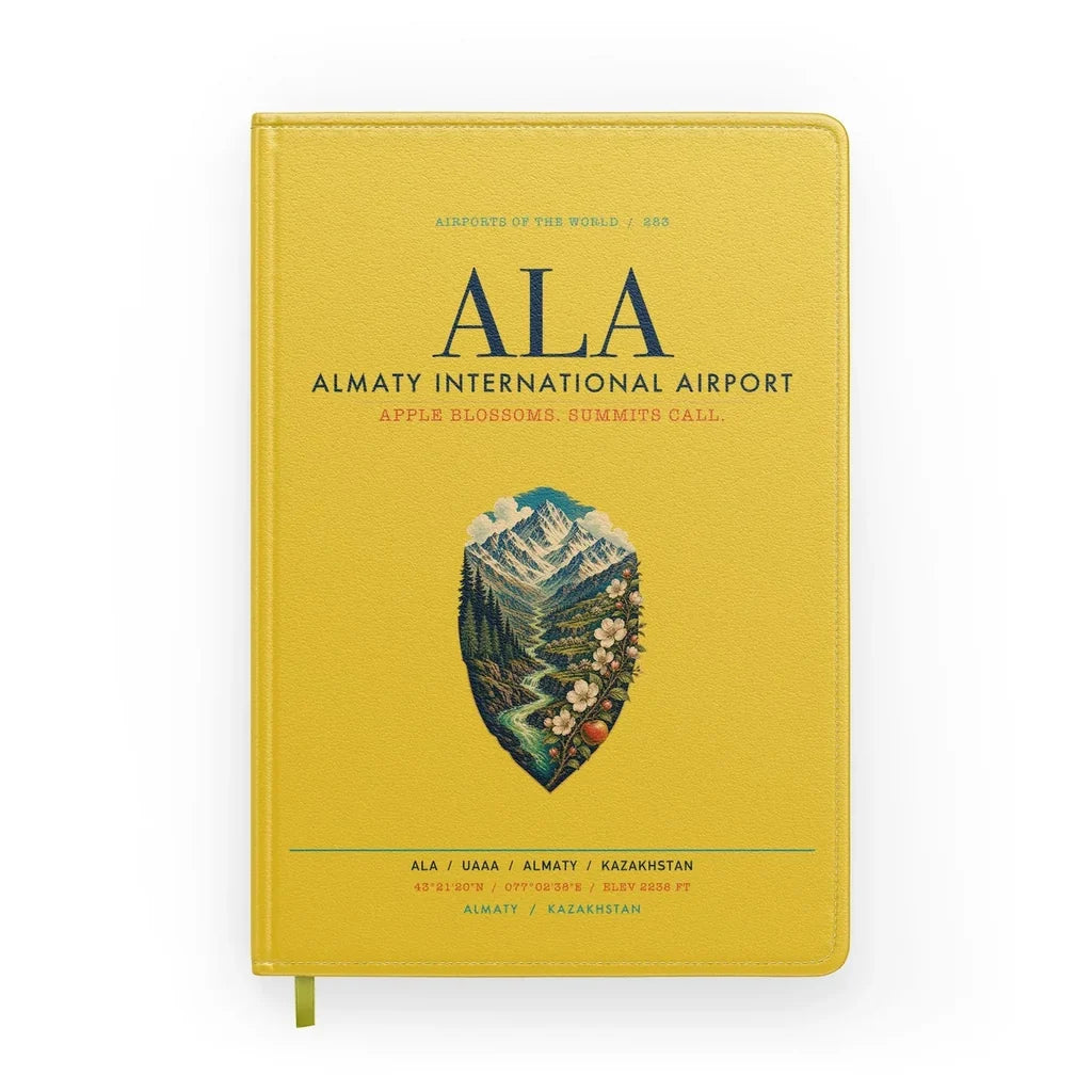 Almaty International Airport (ALA) design on yellow notebook