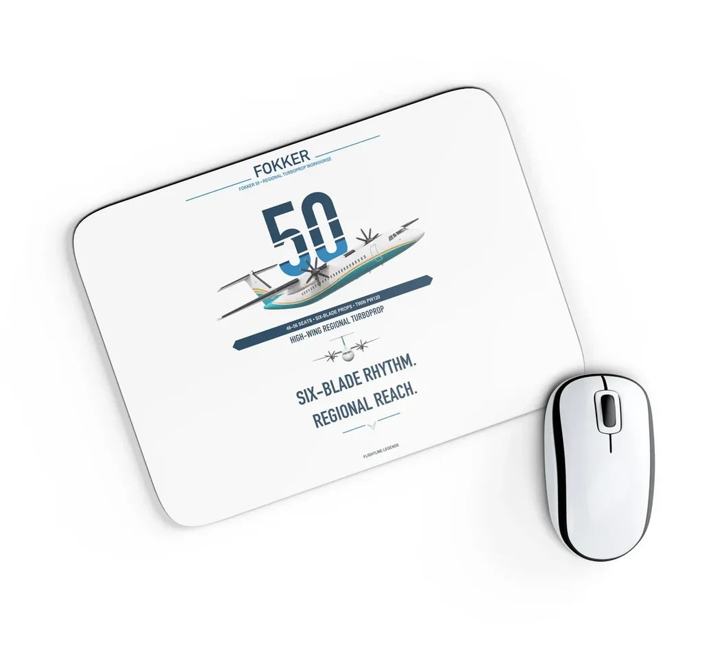 Fokker 50 design on white rectangle mouse pad