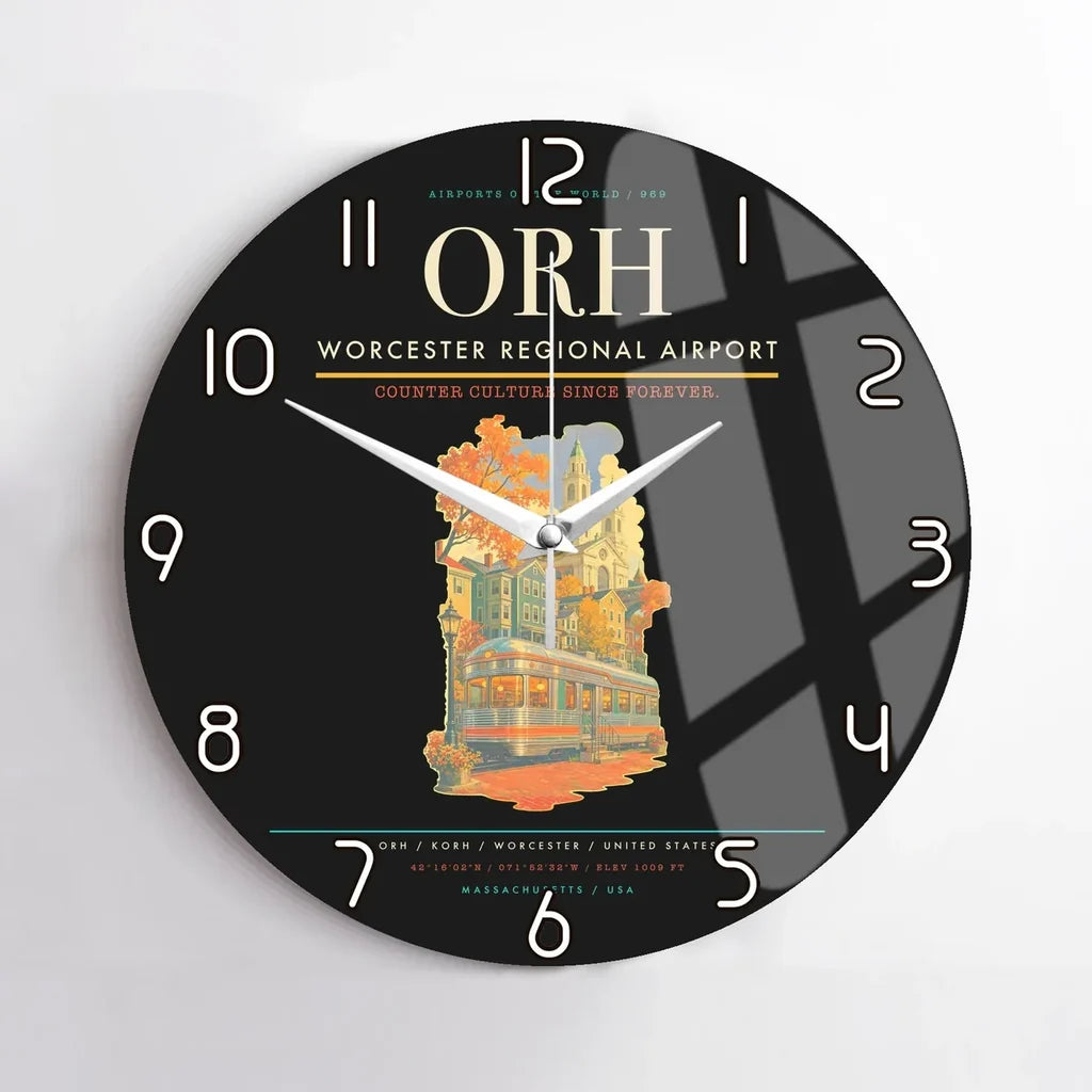 Worcester Regional Airport (ORH) design on black no frame wall clock