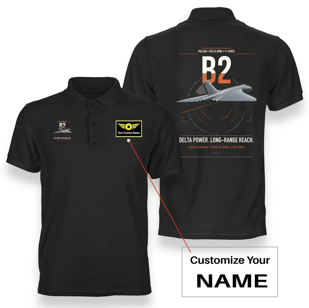 Avro Vulcan B2 design on black+name double-side polo t-shirt, double-side print